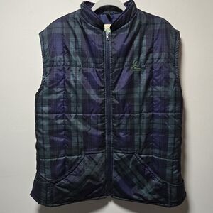 Vintage Snowgoose Blue Green Plaid Puffer Vest Made In Scotland Tartan